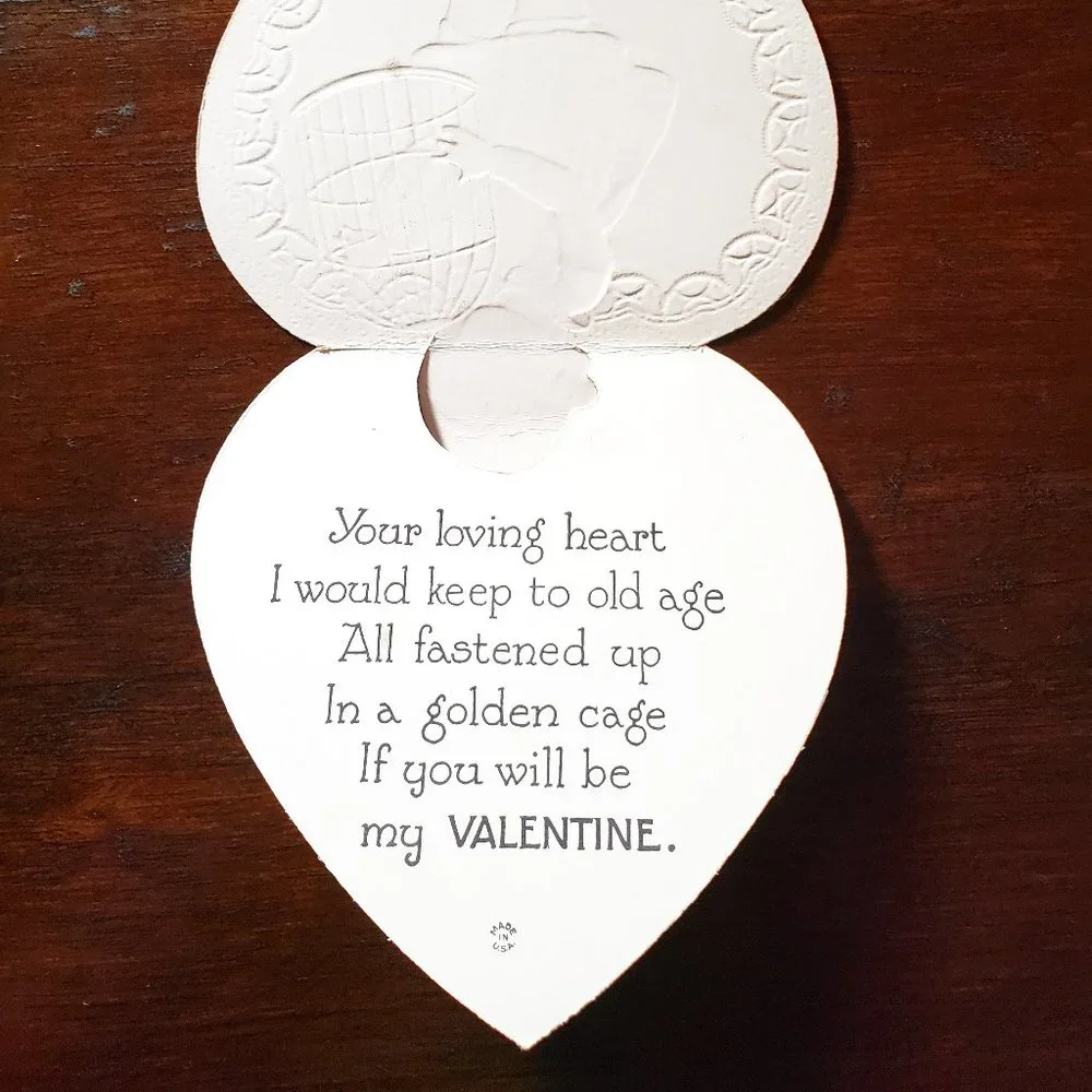 1940's Die Cut HEART SHAPE GIRL HOLDING CAGE Valentine's Day Card